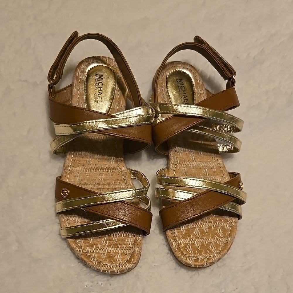 Michael Kors Gold and Brown Sandals with Metallic Straps and Cork Sole